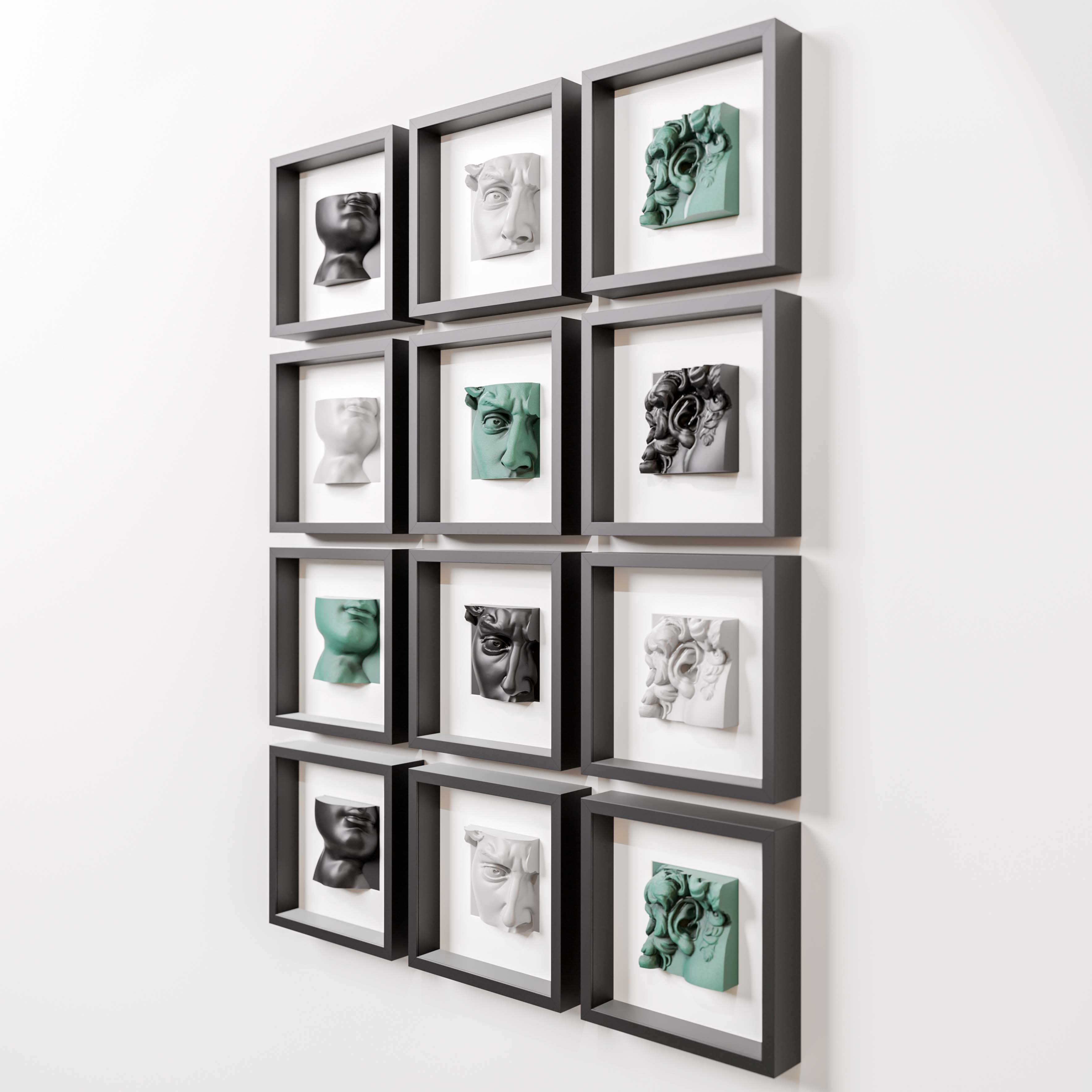 A grid of twelve modern sculptures displayed in individual black shadowbox frames, arranged in three rows of four. Each frame contains a three-dimensional fragment of classical-style faces and features, crafted in a mix of white, black, and soft green hues. The sculptures showcase intricate facial details, including eyes, lips, and ears, blending a contemporary aesthetic with classical influences against a minimalist white wall.
