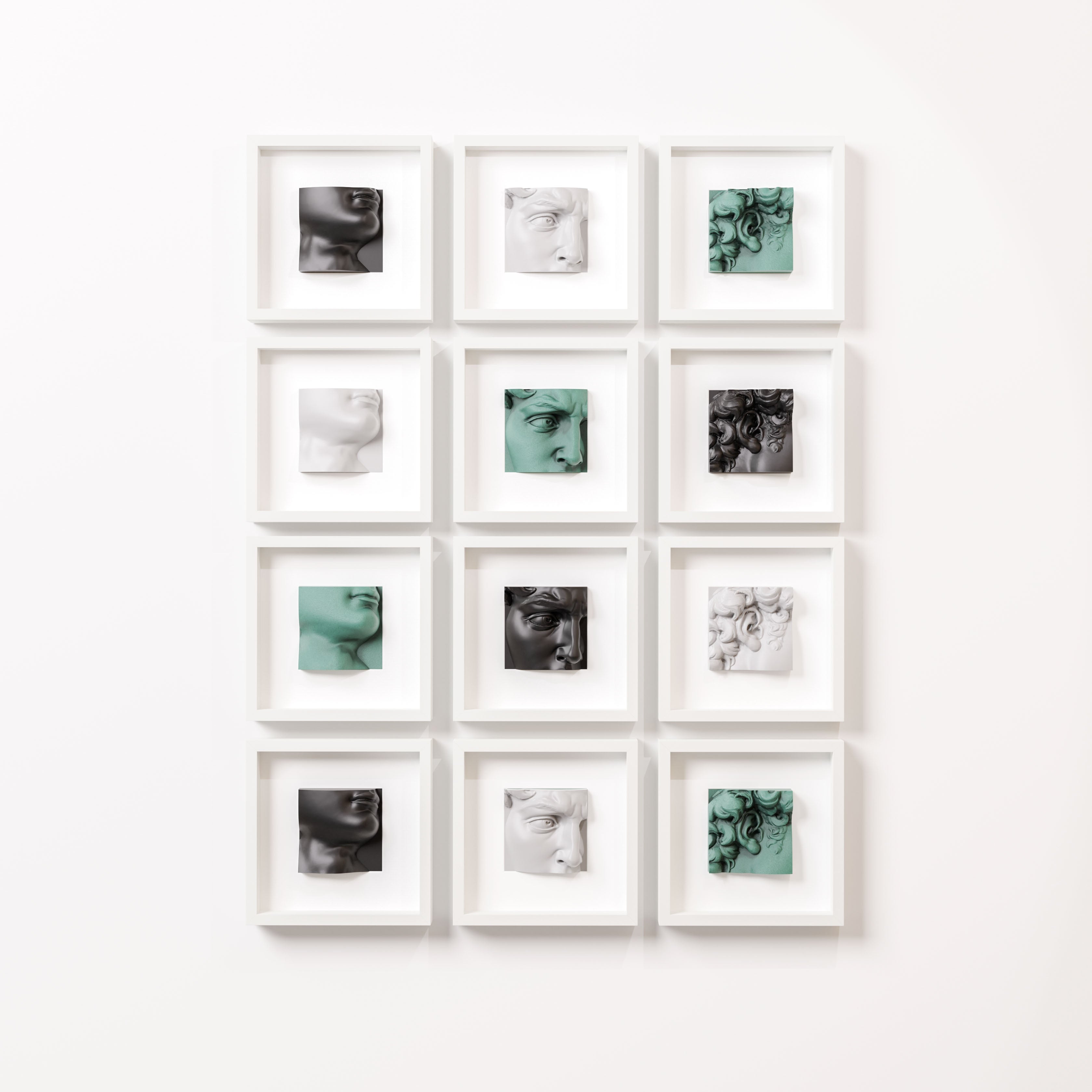 A grid of twelve modern sculptures displayed in individual white shadowbox frames, arranged in three rows of four. Each frame contains a three-dimensional fragment of classical-style faces and features, crafted in varying colors including white, black, and soft green. The sculptures emphasize intricate facial details, such as eyes, lips, and ears, blending contemporary and classical art styles against a clean, white wall.