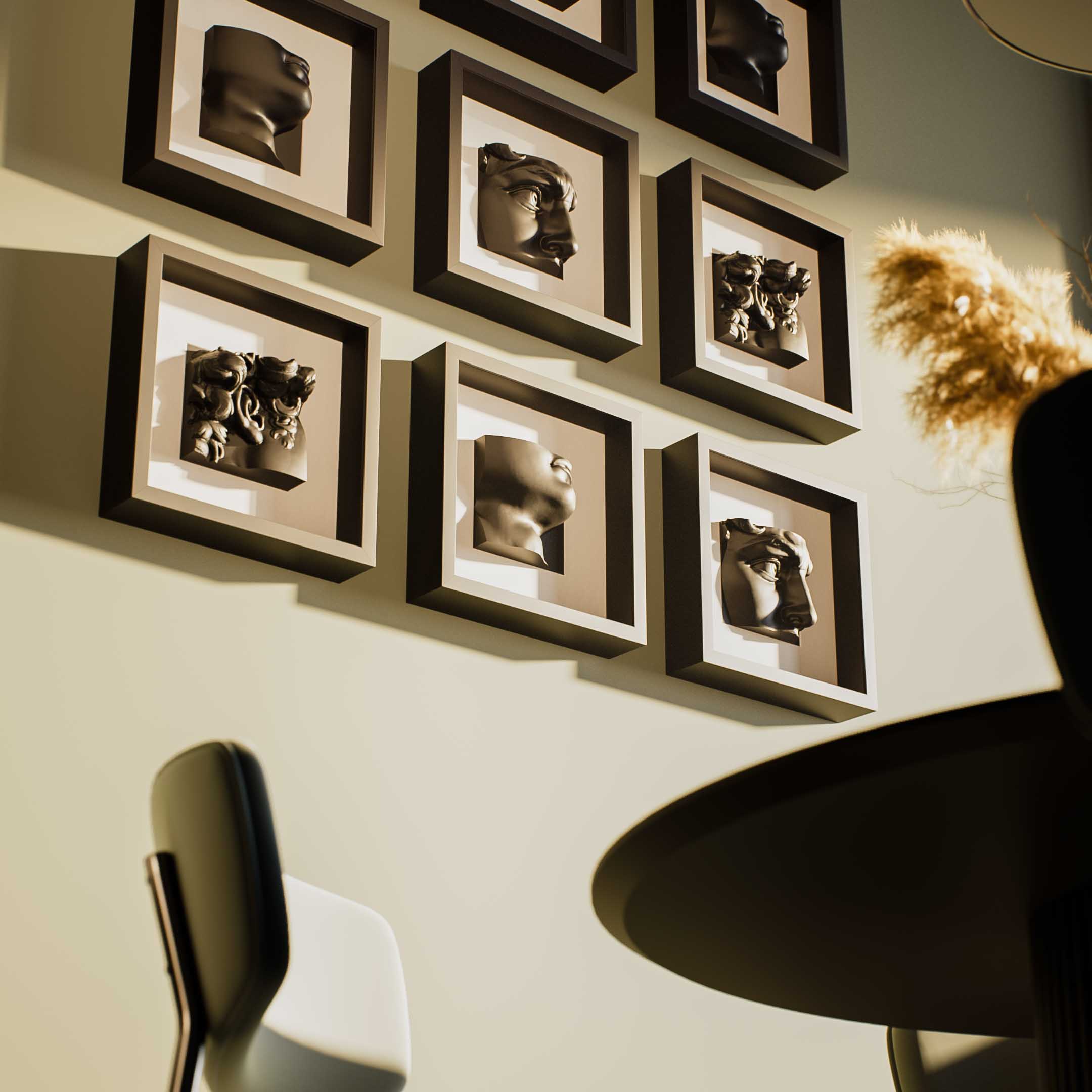 Wall in living room with set of nine frames from David's Set