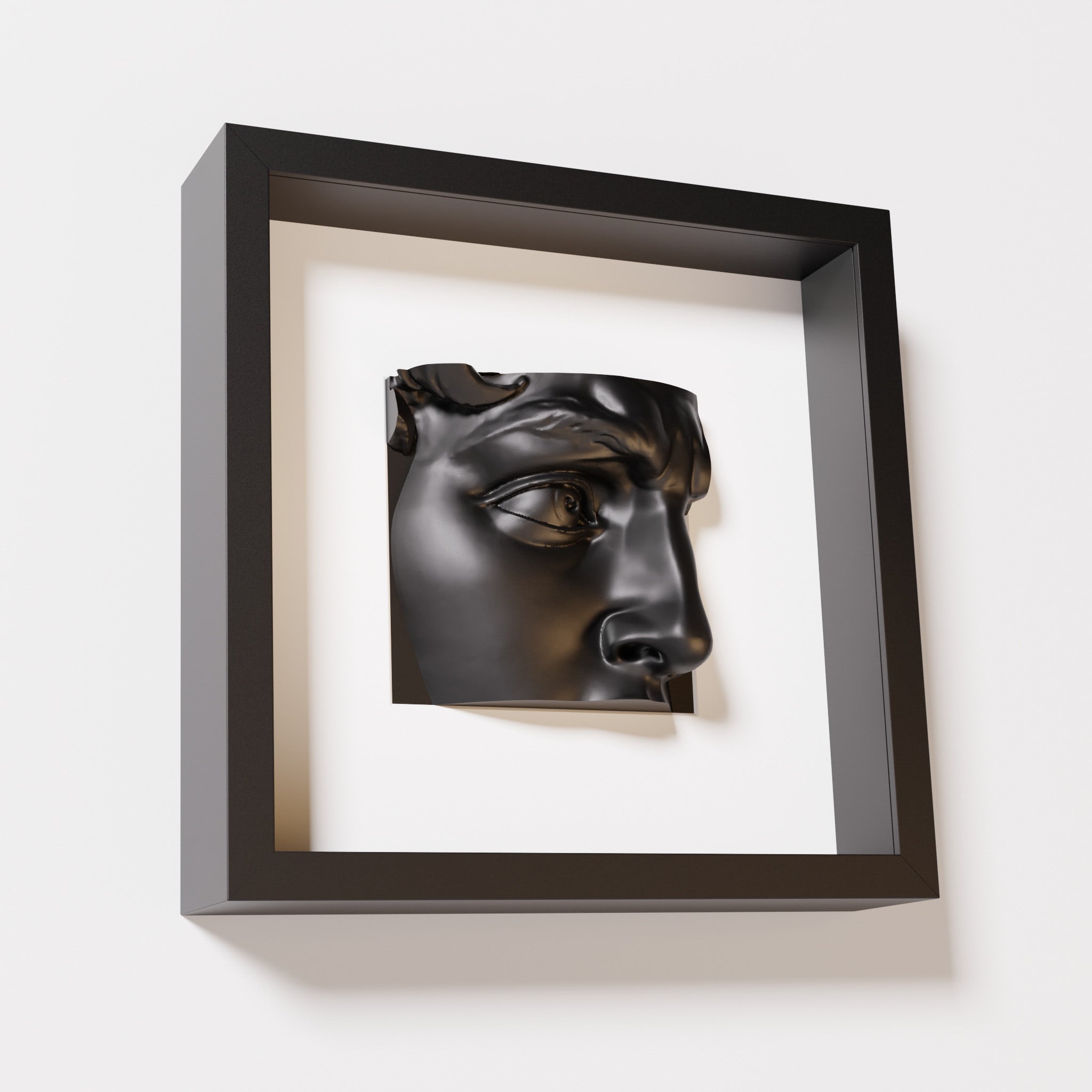 A close-up of a black shadowbox frame containing a matte black sculpture of 'David's Eye,' highlighting the intricate details of the eye, brow, and surrounding textures.