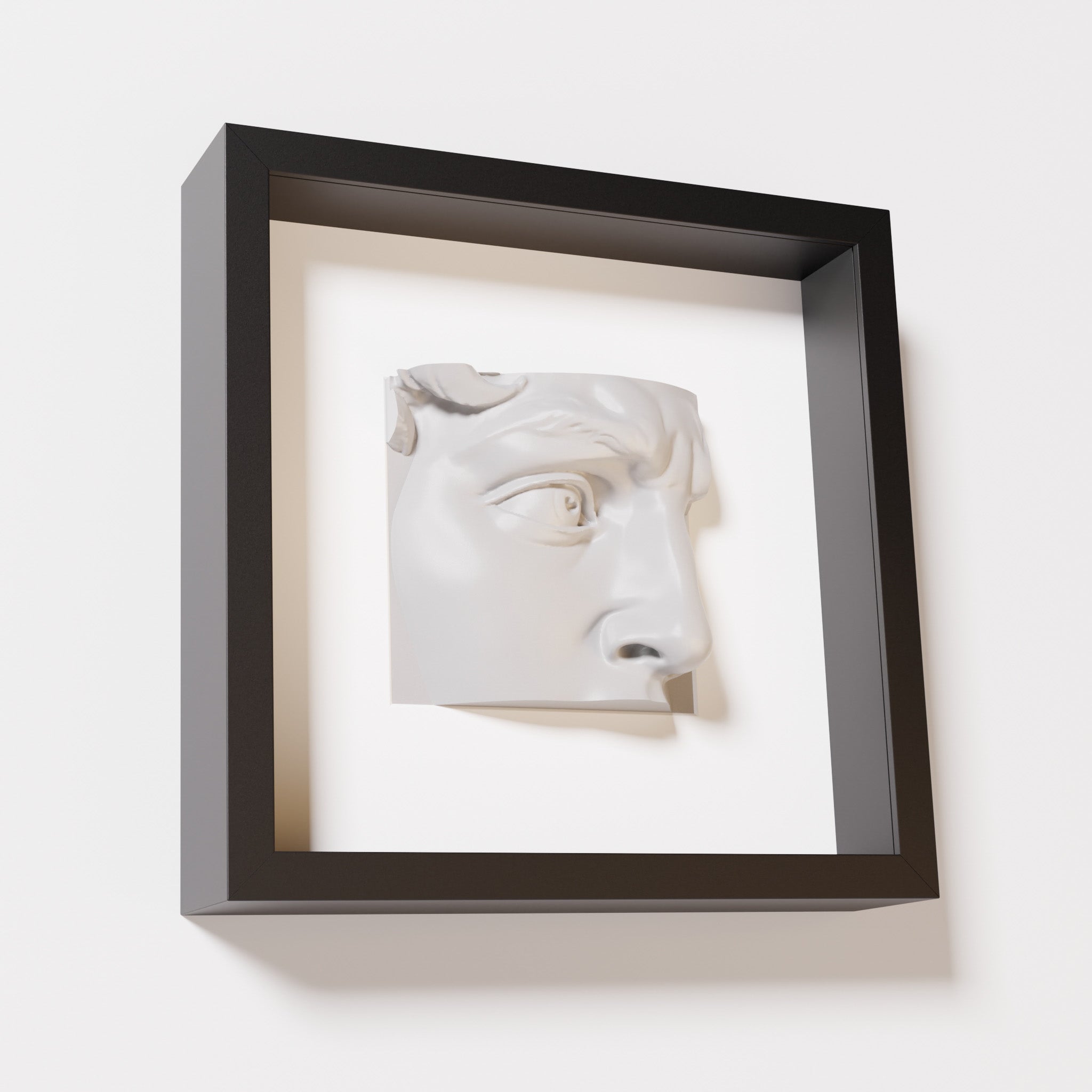 A close-up of a black shadowbox frame containing a marble white sculpture of 'David's Eye,' highlighting the intricate details of the eye, brow, and surrounding textures.