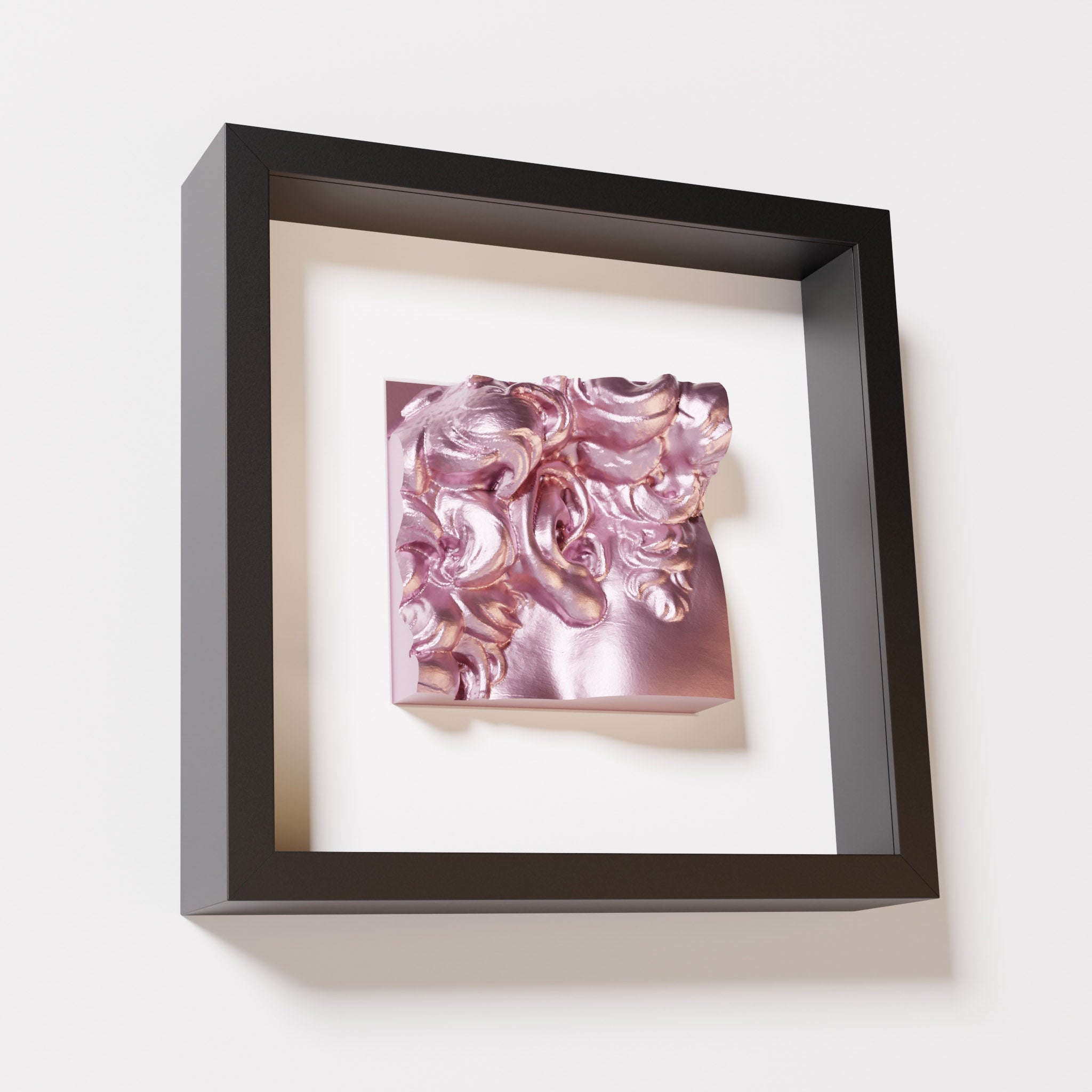 A close-up of a black shadowbox frame featuring a metallic rose sculpture of 'David's Ear.' The reflective pink tones and intricate details stand out against the black frame.