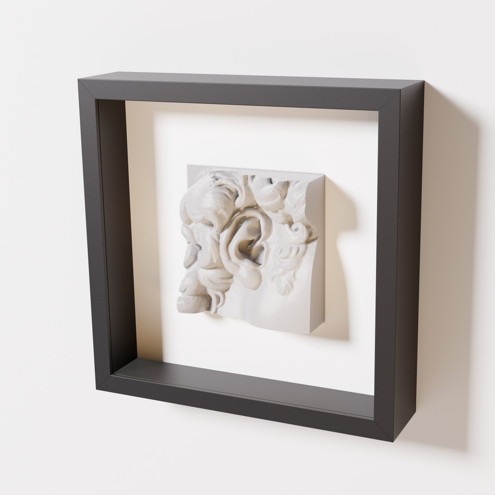 A close-up of a black shadowbox frame containing a marble white sculpture of 'David's Ear.' The detailed curls and ear contrast against the dark black frame.