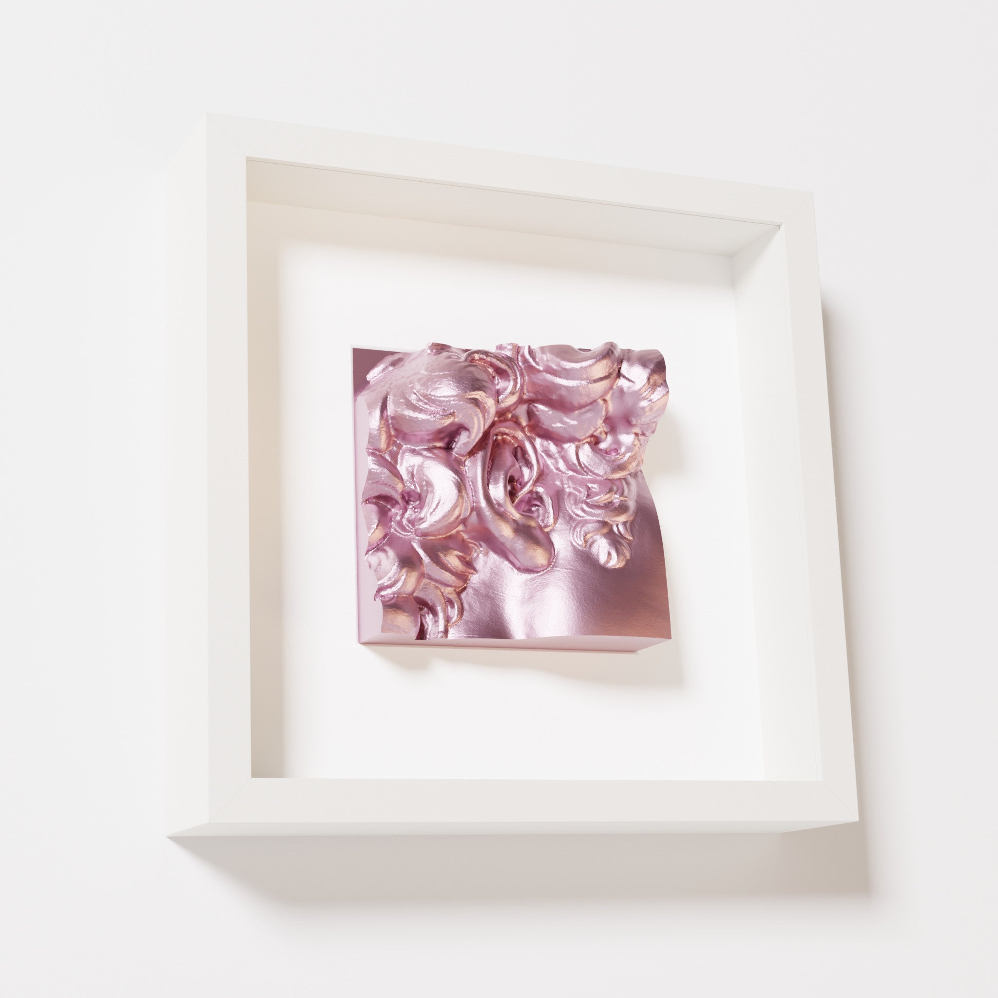 A close-up of a white shadowbox frame holding a metallic rose sculpture of 'David's Ear.' The soft pink metallic finish highlights the detailed ear and curls with a contemporary touch.