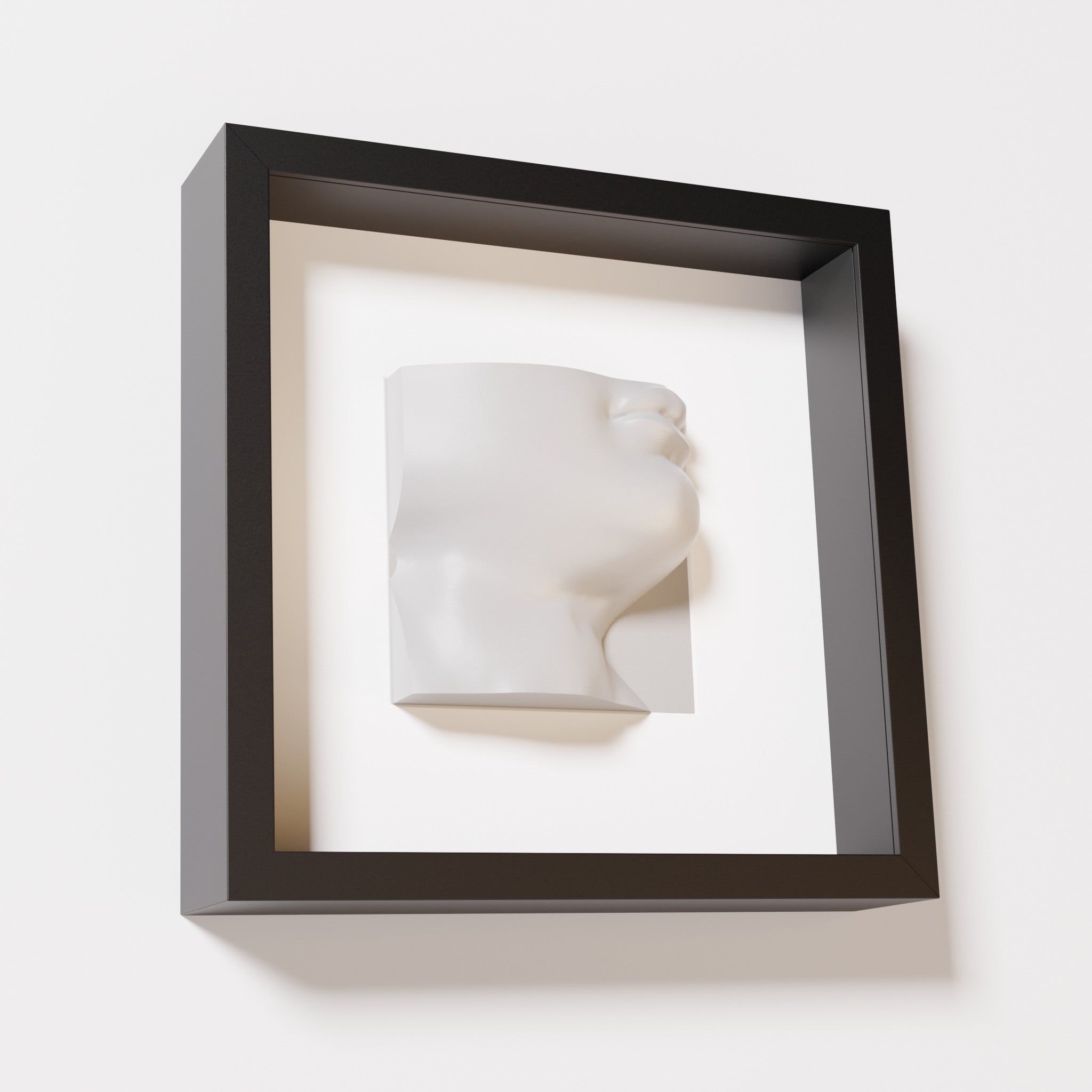 A close-up of a black shadowbox frame containing a marble white sculpture of 'David's Lip,' highlighting the detailed lips, chin, and surrounding textures of Michelangelo's David.