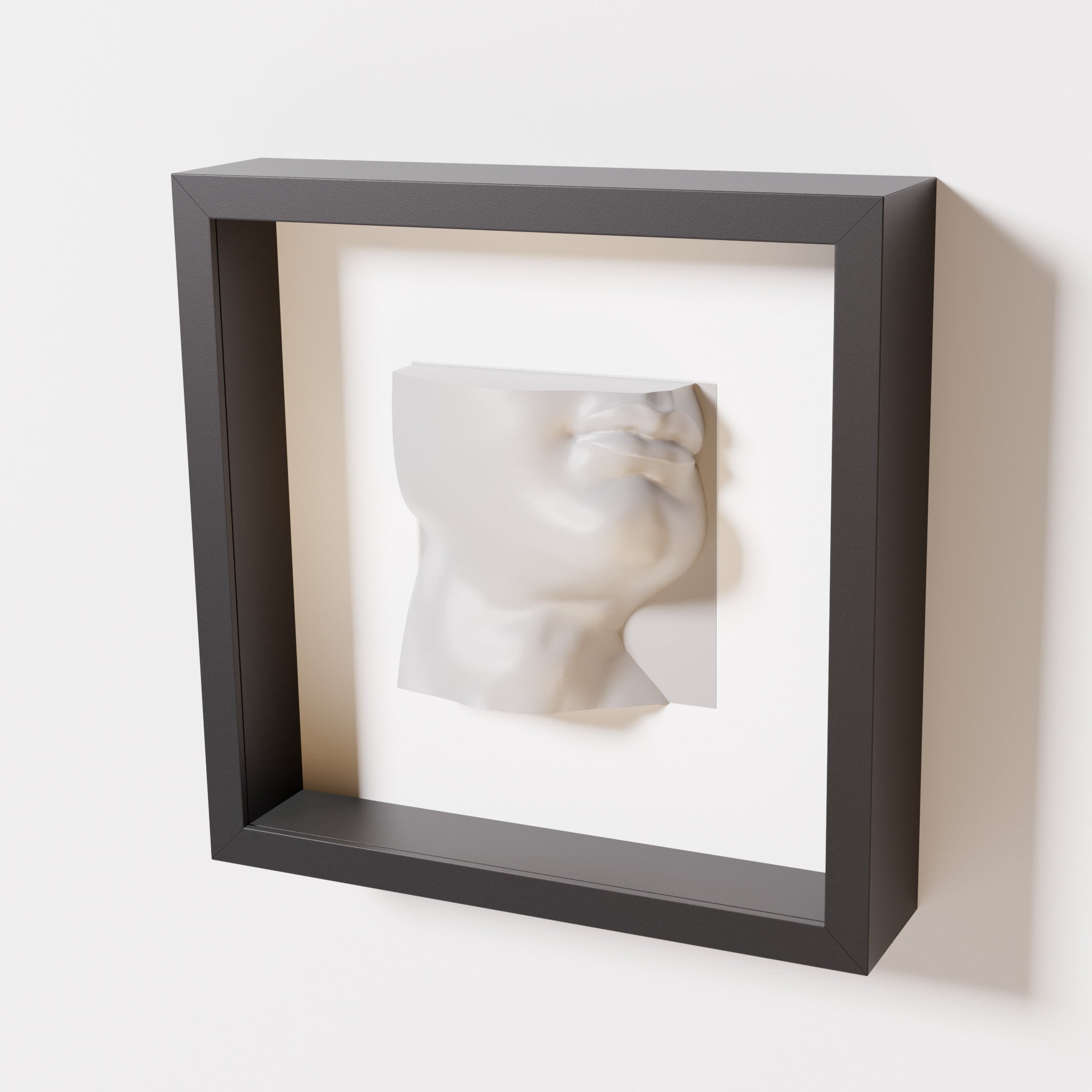 A close-up of a black shadowbox frame containing a marble white sculpture of 'David's Lip,' highlighting the detailed lips, chin, and surrounding textures of Michelangelo's David.