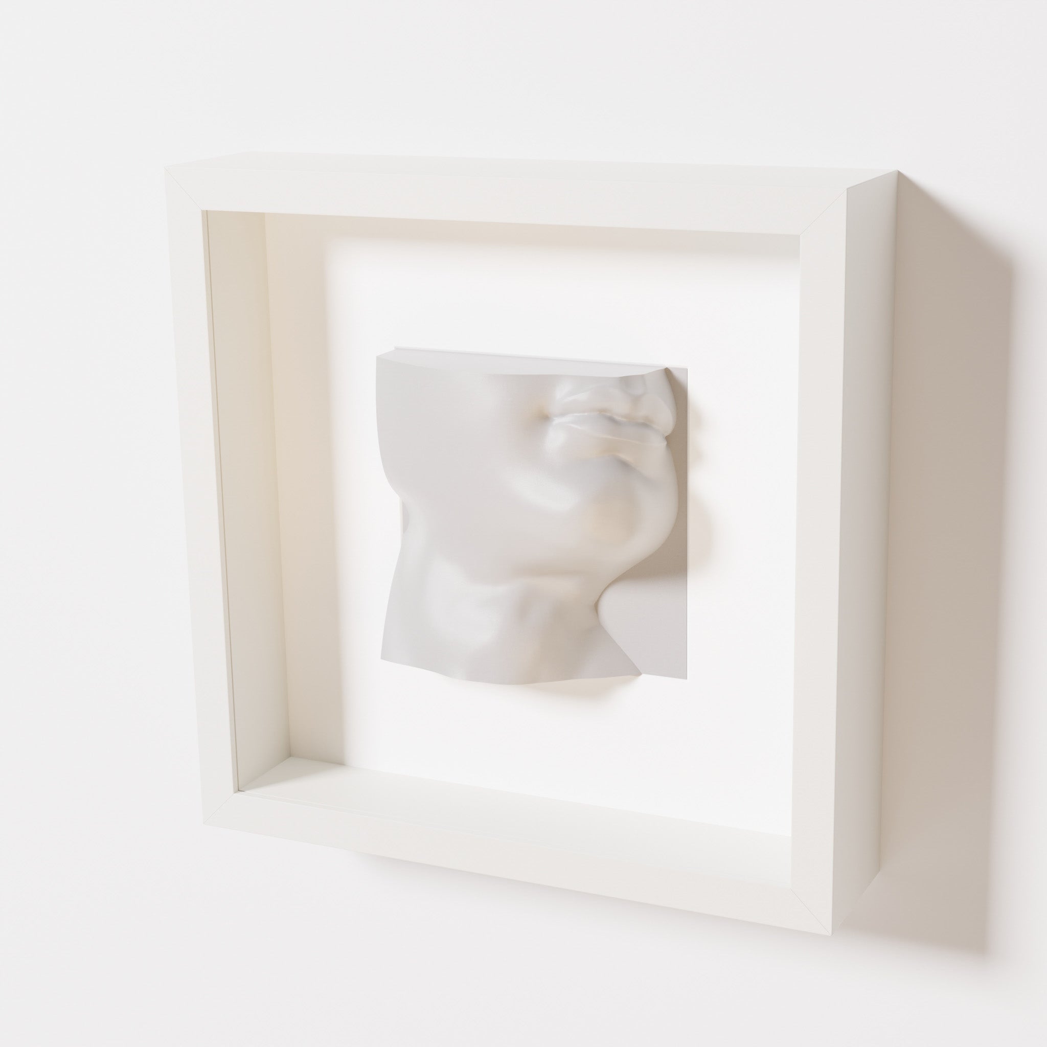 A close-up of a white shadowbox frame containing a marble white sculpture of 'David's Lip,' highlighting the detailed lips, chin, and surrounding textures of Michelangelo's David.