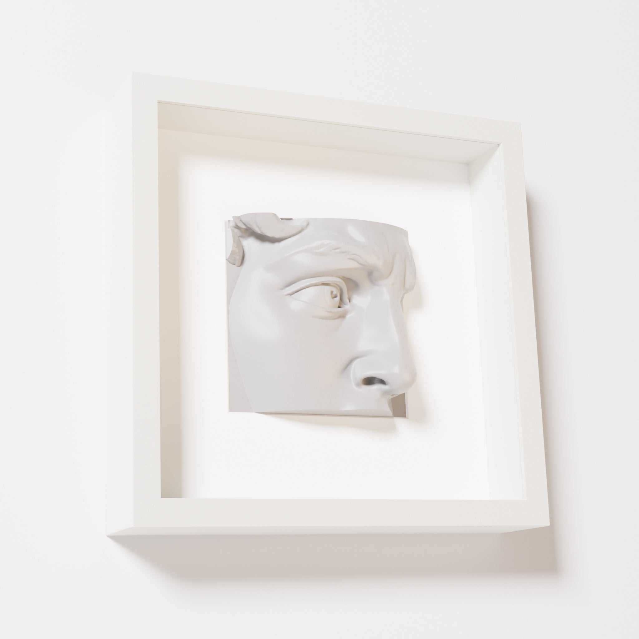 A close-up of a white shadowbox frame containing a marble white sculpture of 'David's Eye,' highlighting the intricate details of the eye, brow, and surrounding textures.