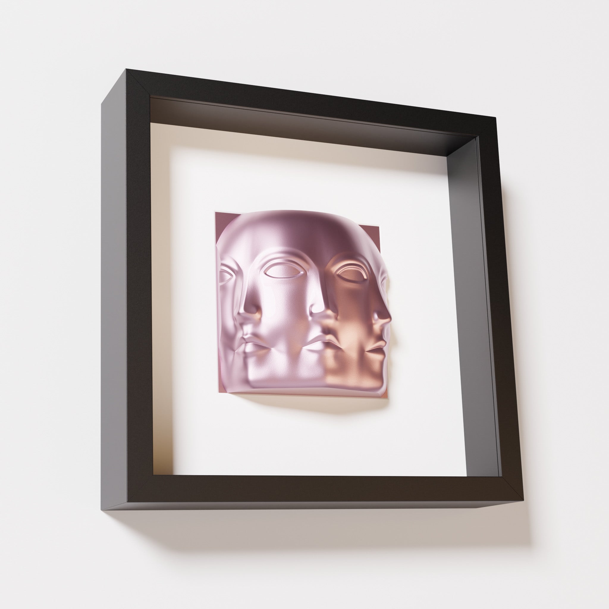 A close-up of a black shadowbox frame containing a metallic rose sculpture of 'Dora,' featuring three interconnected faces merging at the edges, creating a surreal and multi-dimensional effect.