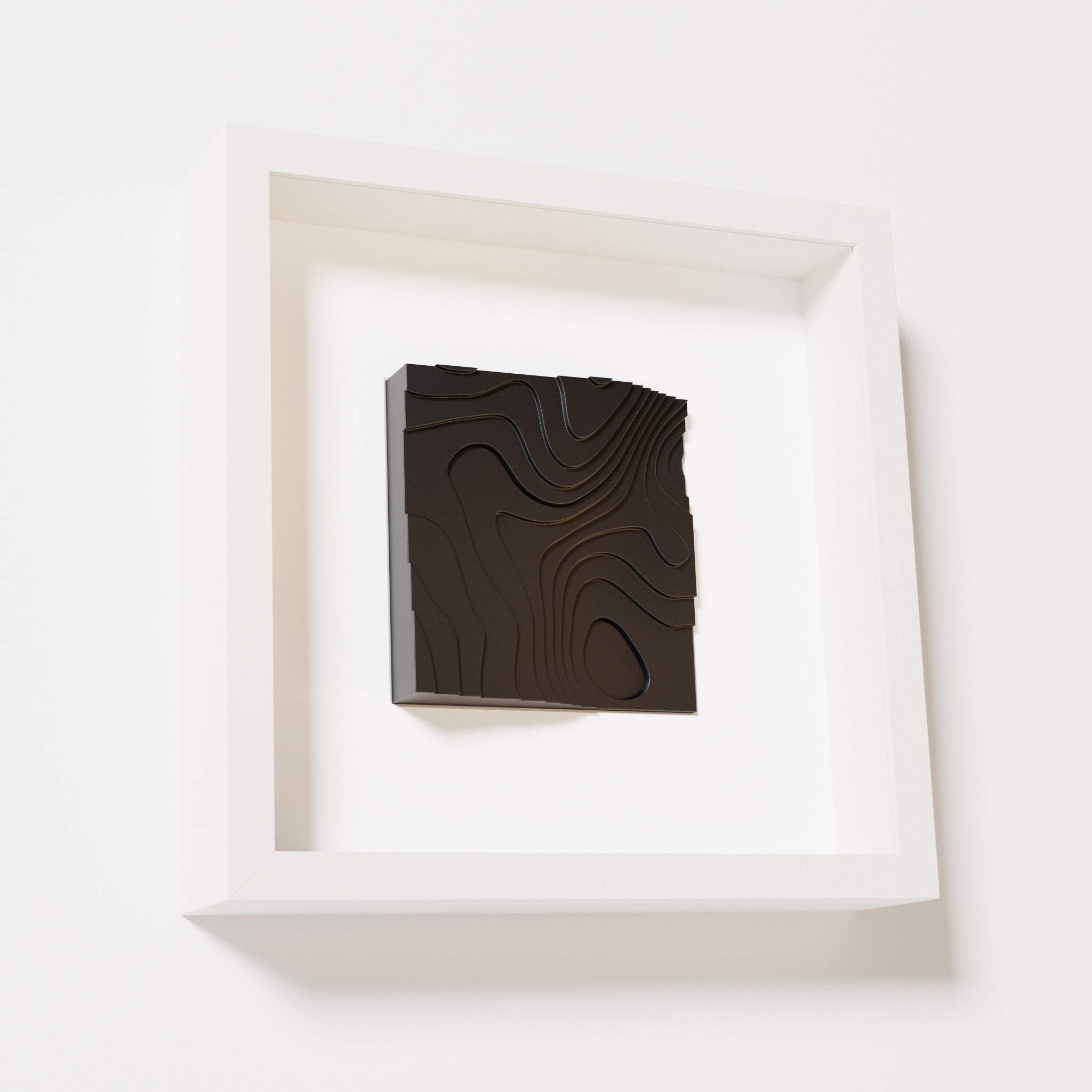 A close-up of a white shadowbox frame containing a matte black artwork depicting flowing contour lines inspired by geographic elevation levels, showcasing intricate geometric details.