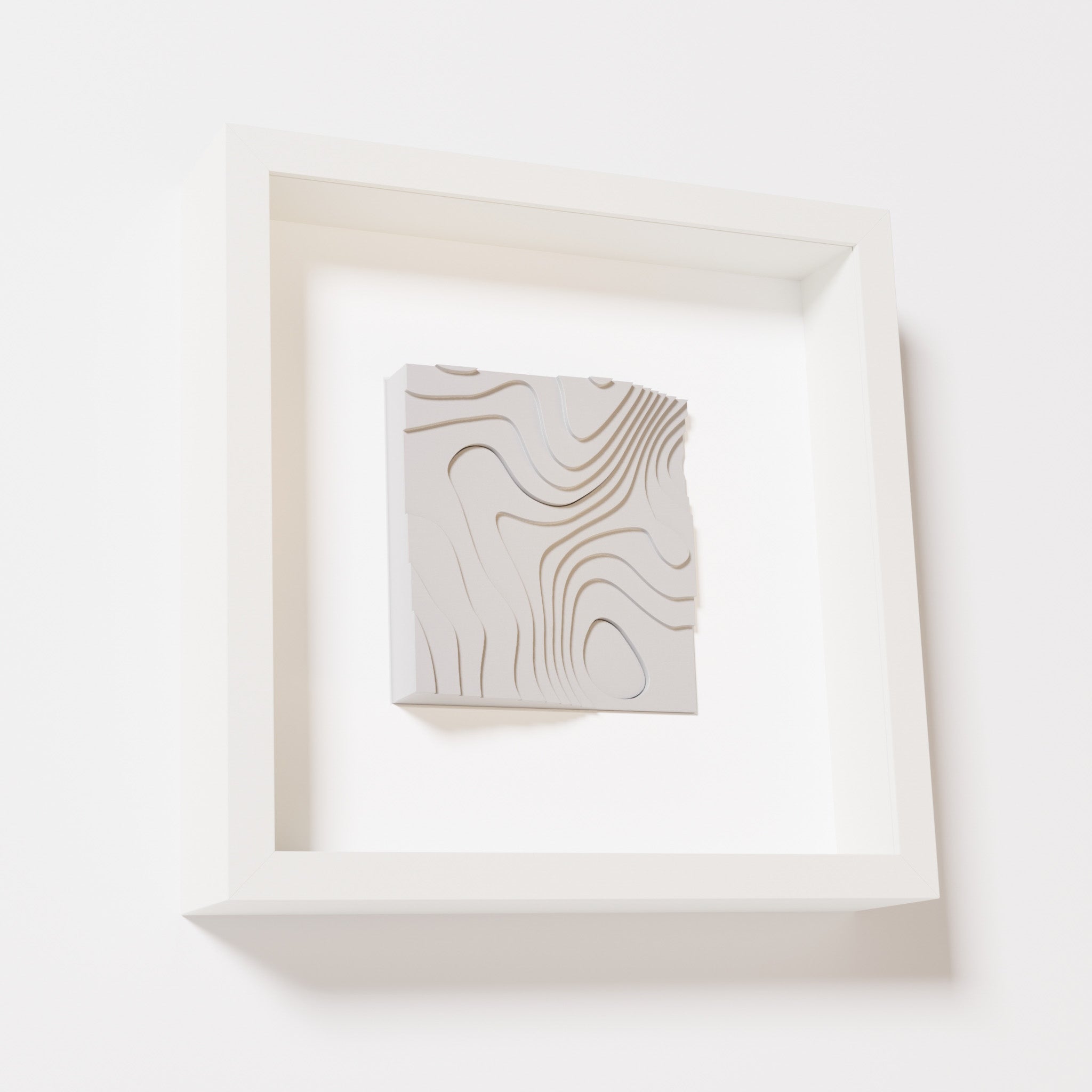 A close-up of a white shadowbox frame containing a marble white artwork depicting flowing contour lines inspired by geographic elevation levels, showcasing intricate geometric details.