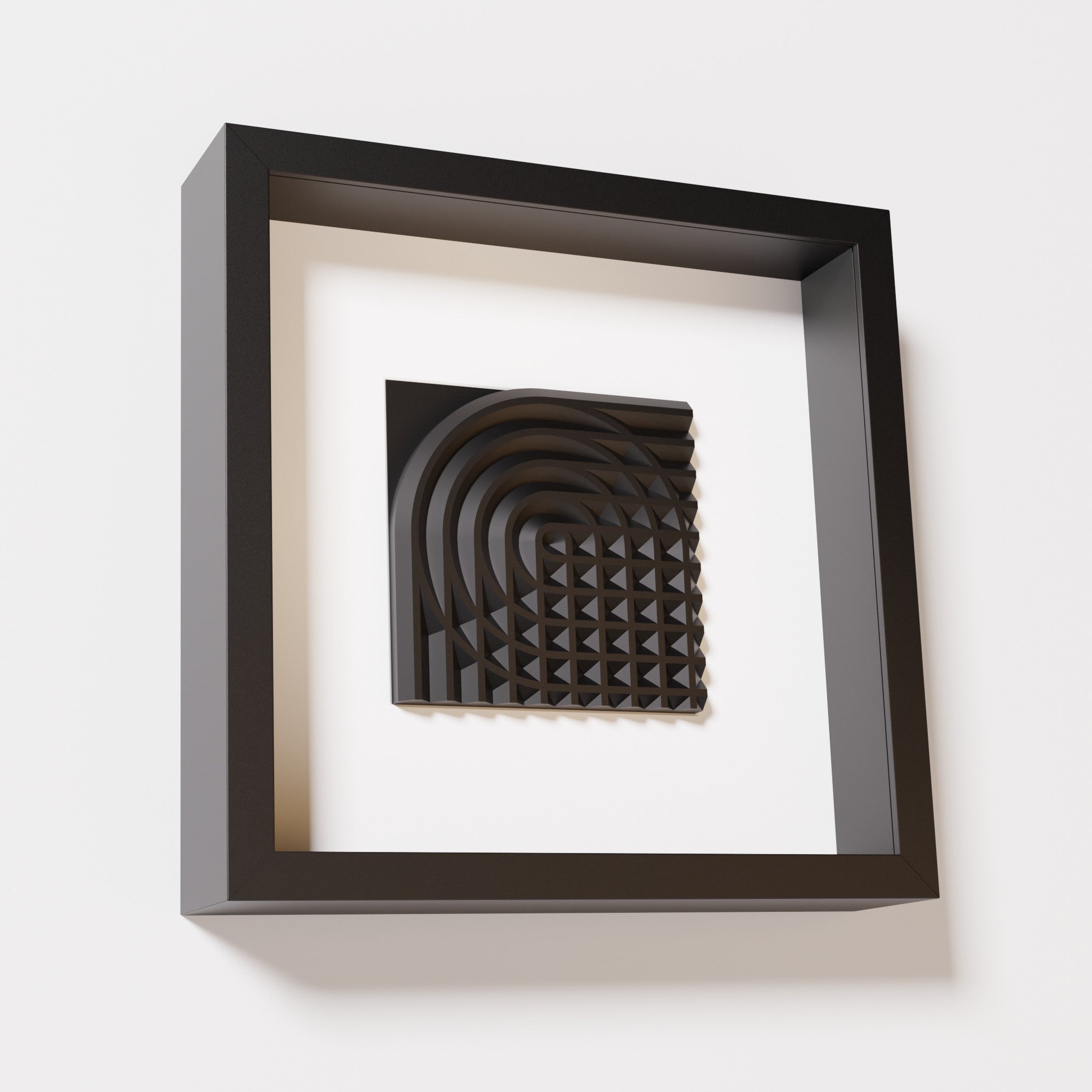 A close-up of a black shadowbox frame containing a matte black artwork featuring the elegant arcs and geometric grid of 'Rainbow II,' emphasizing its intricate texture and modern design.