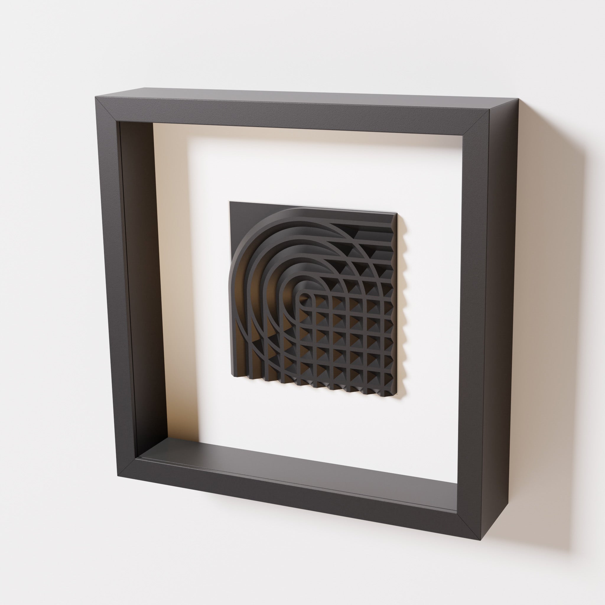 A close-up of a black shadowbox frame containing a matte black artwork featuring the elegant arcs and geometric grid of 'Rainbow II,' emphasizing its intricate texture and modern design.