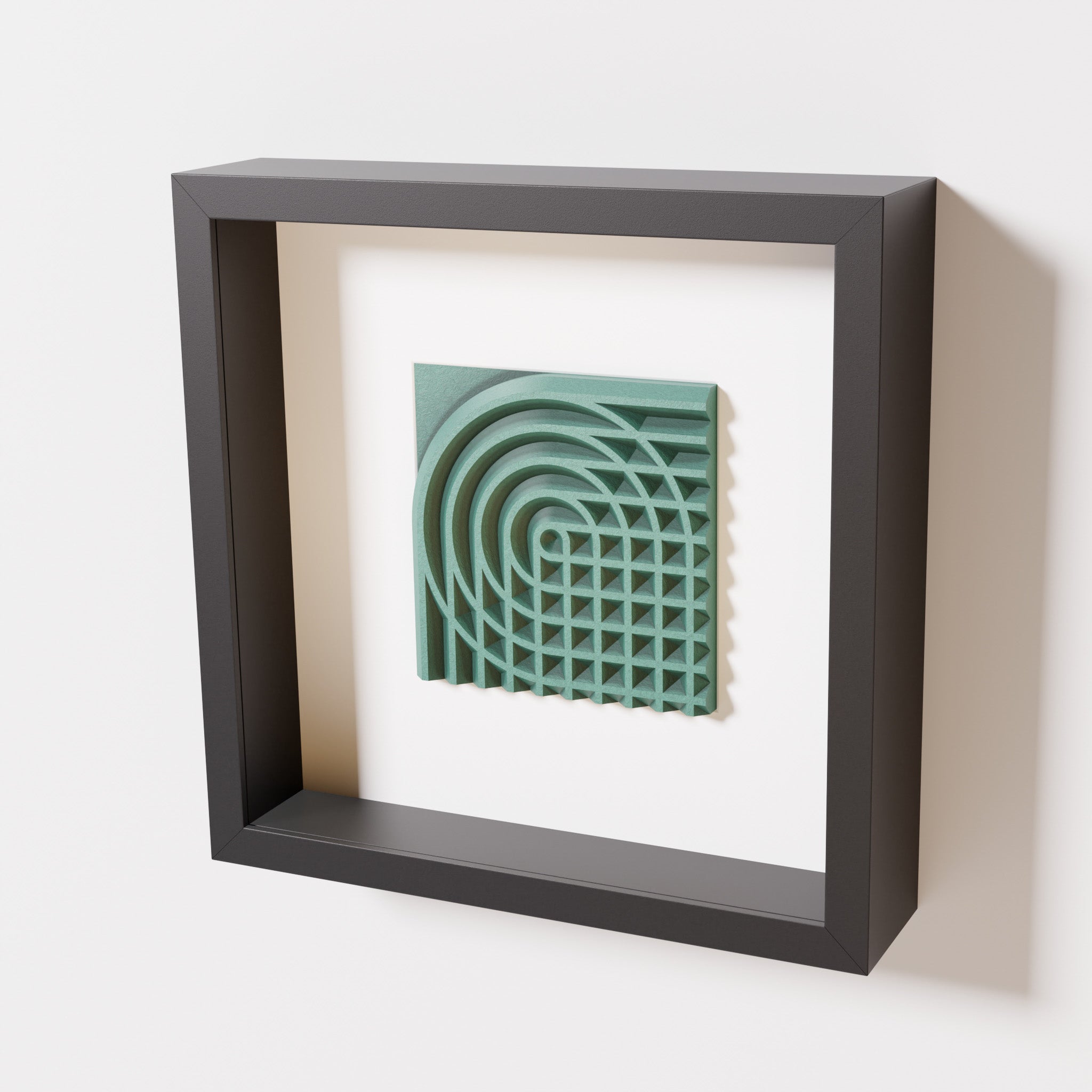 A close-up of a black shadowbox frame containing an old patina artwork featuring the elegant arcs and geometric grid of 'Rainbow II,' showcasing a textured green finish.