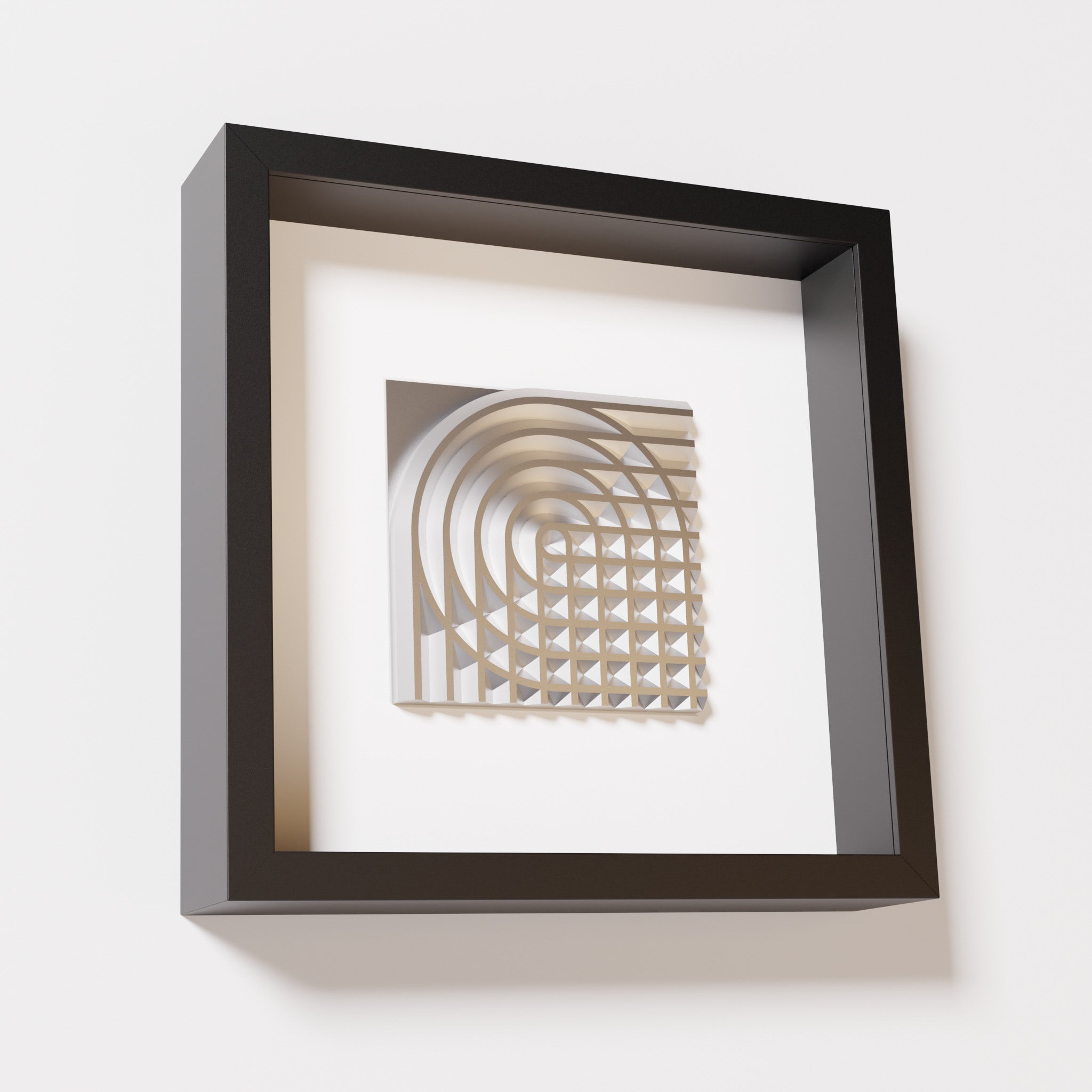 A close-up of a black shadowbox frame containing a chrome silver artwork featuring the elegant arcs and geometric grid of 'Rainbow II,' showcasing reflective silver highlights.