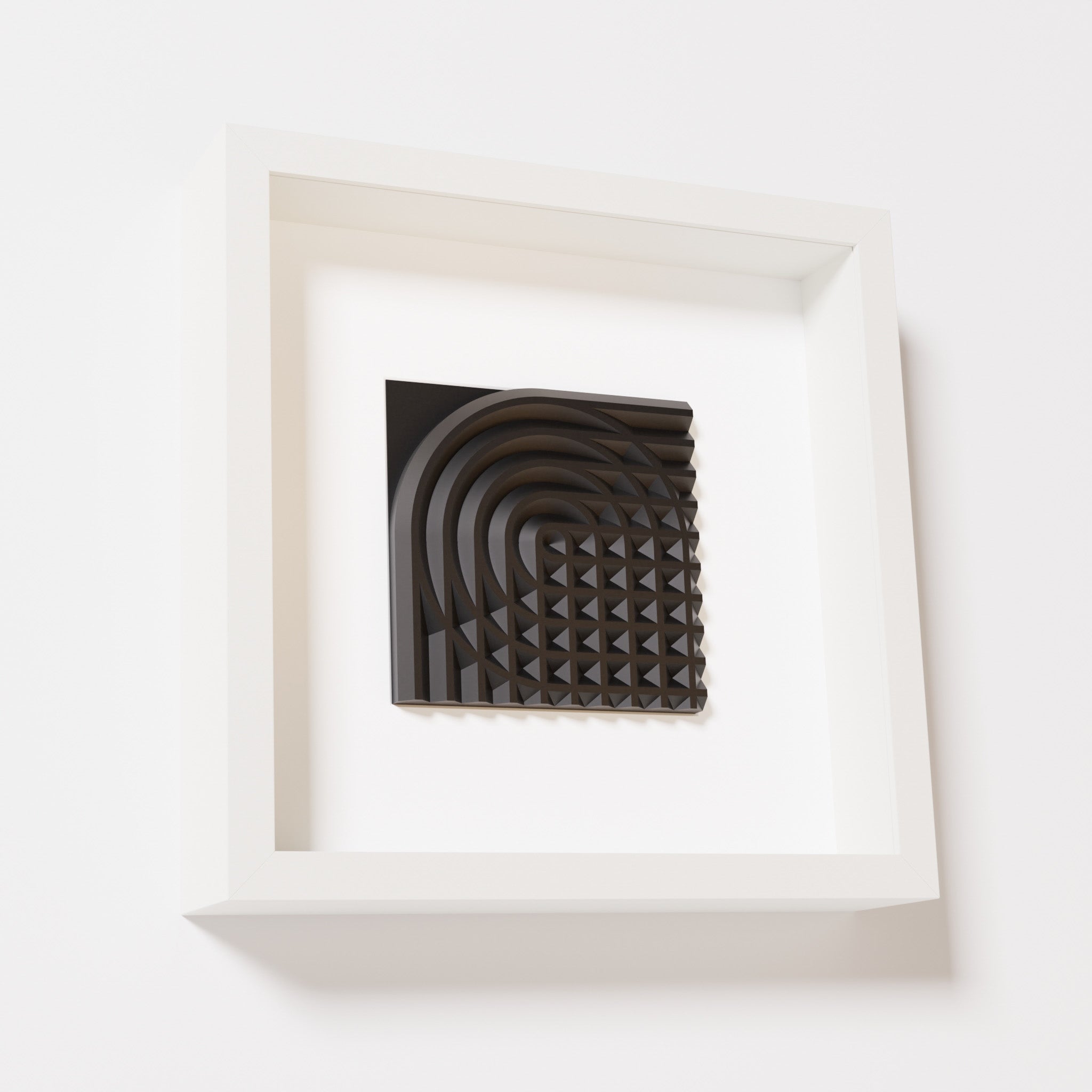 A close-up of a white shadowbox frame containing a matte black artwork featuring the elegant arcs and geometric grid of 'Rainbow II,' emphasizing its intricate texture and modern design.