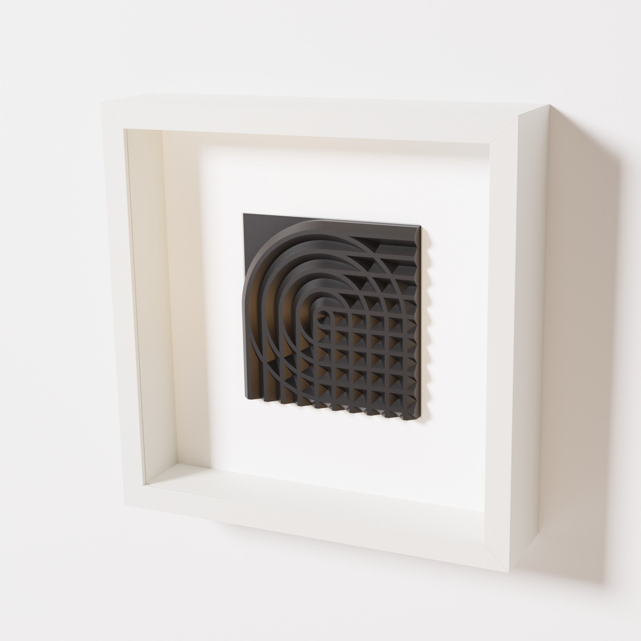 A close-up of a white shadowbox frame containing a matte black artwork featuring the elegant arcs and geometric grid of 'Rainbow II,' emphasizing its intricate texture and modern design.