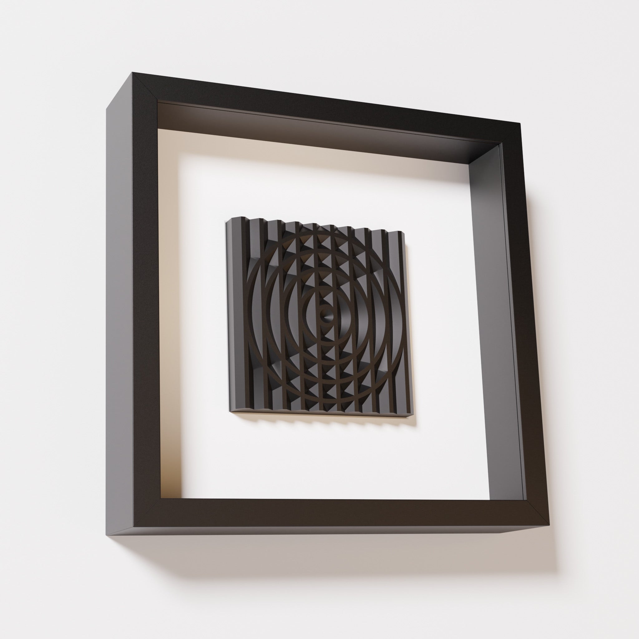 A close-up of a black shadowbox frame containing a matte black artwork featuring the elegant arcs and geometric grid of 'Rainbow III,' emphasizing its intricate texture and modern design.