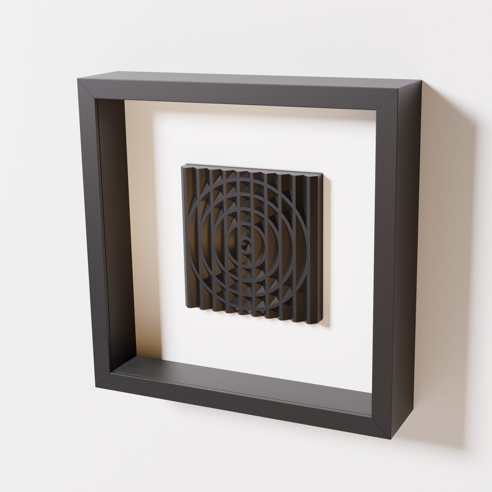 A close-up of a black shadowbox frame containing a matte black artwork featuring the elegant arcs and geometric grid of 'Rainbow III,' emphasizing its intricate texture and modern design.