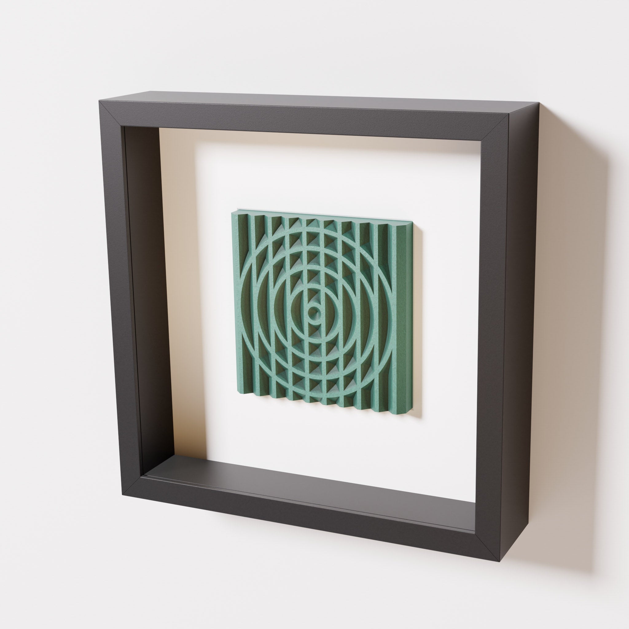 A close-up of a black shadowbox frame containing an old patina artwork featuring the elegant arcs and geometric grid of 'Rainbow III,' showcasing a textured green finish and intricate detail.