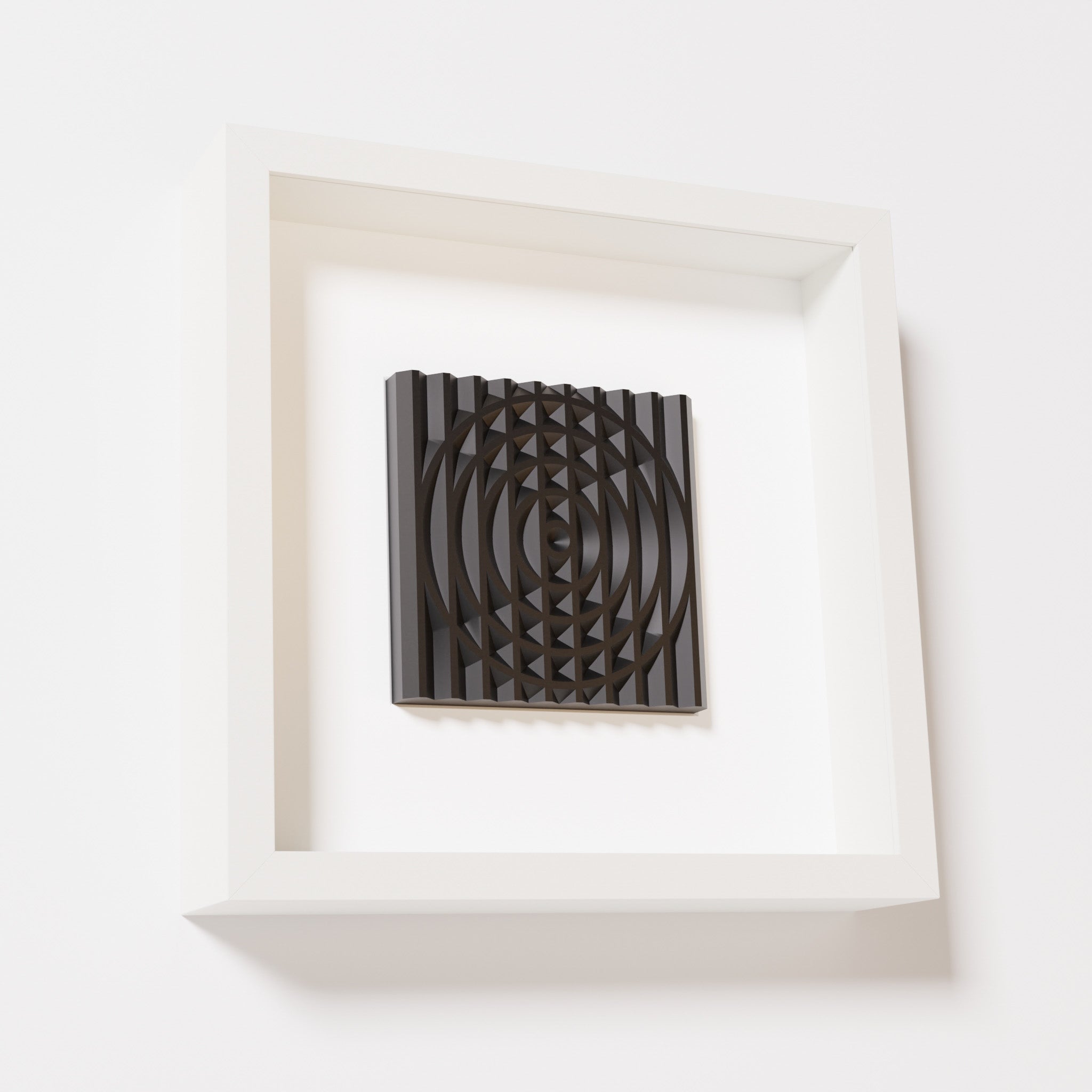 A close-up of a white shadowbox frame containing a matte black artwork featuring the elegant arcs and geometric grid of 'Rainbow III,' emphasizing its intricate texture and modern design.