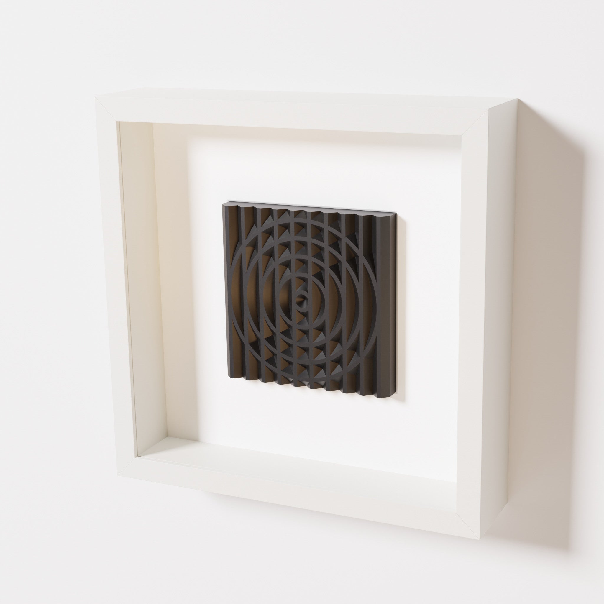 A close-up of a white shadowbox frame containing a matte black artwork featuring the elegant arcs and geometric grid of 'Rainbow III,' emphasizing its intricate texture and modern design.